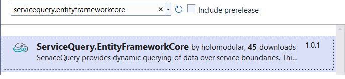 NuGet package manager servicequery.entityframeworkcore